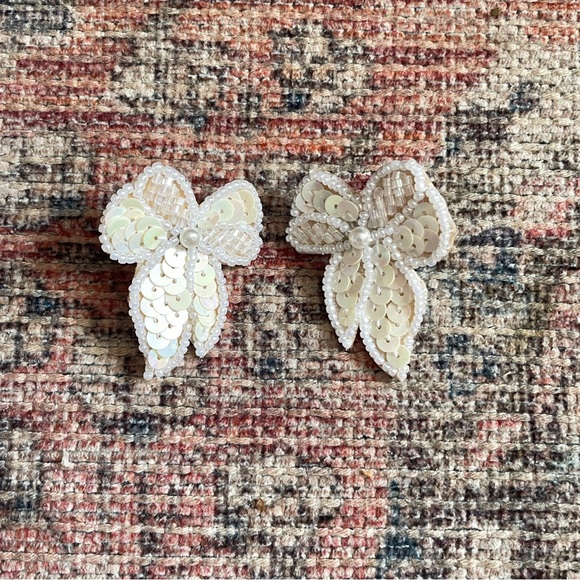 Avon Jewelry - Vintage Cream White Bow Beaded Pearl Sequin Stud Earrings by Avon Holiday Bridal